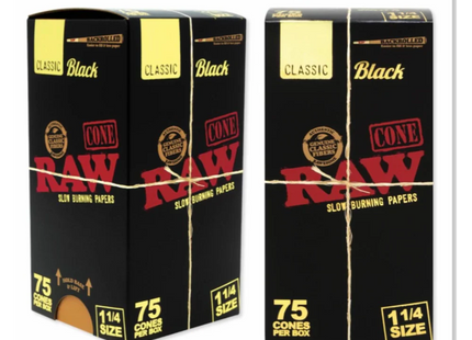RAW CLASSIC BLACK CONES 1 1/4 SIZE 75PK