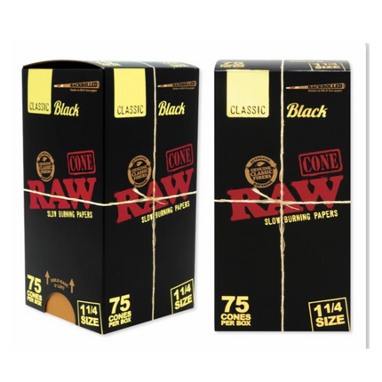 RAW CLASSIC BLACK CONES 1 1/4 SIZE 75PK
