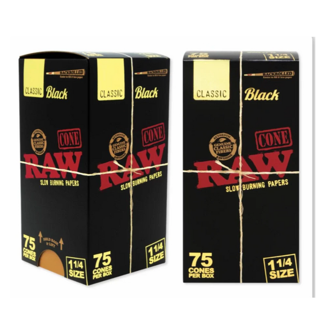 RAW CLASSIC BLACK CONES 1 1/4 SIZE 75PK