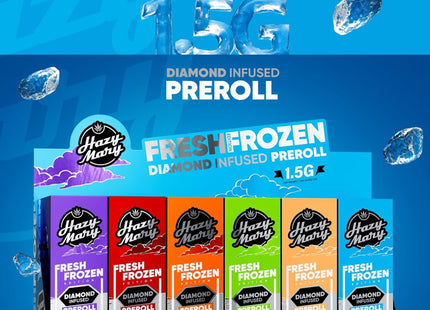 HAZY MARY FRESH FROZEN DIAMOND INFUSED PREROLL 1.5G - 6 FLAVOR COUNTER TOP DISPLAY | 20 COUNT EACH - MIDNIGHT GRAPE (I) / VELVET BERRY (I) / TROPIC HAZE (S) / WAKE & BAKE OG (S) / PEACH FUME (H) / GAS & CREAM (H)
